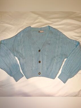 SO Light Sky Blue Cable Knit Cardigan Sweater with Button-Up Front